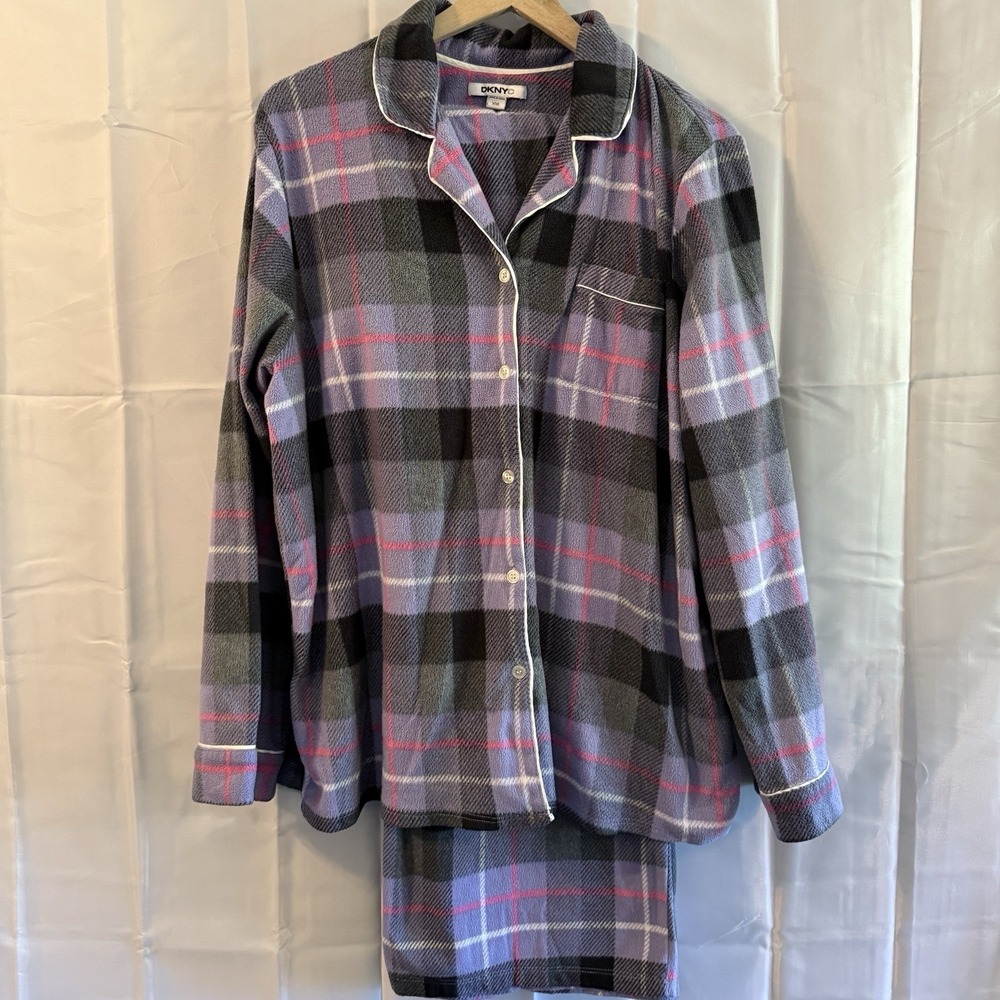 DKNYC Fleece Pajama Set Womens 2XL Purple Black‎ Plaid Pjs Sleep Pants Shirt